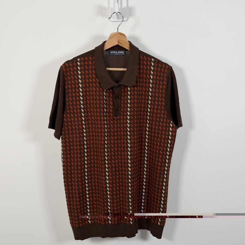 PJ Paul Jones Knit Polo Shirt Mens XL Brown Geometric Casual Button Short Sleeve